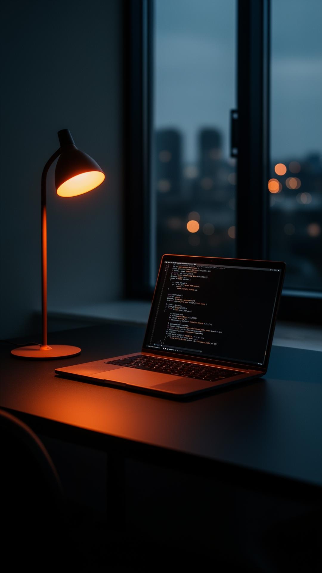 GJD Nordic workspace at dusk with warm ember lighting